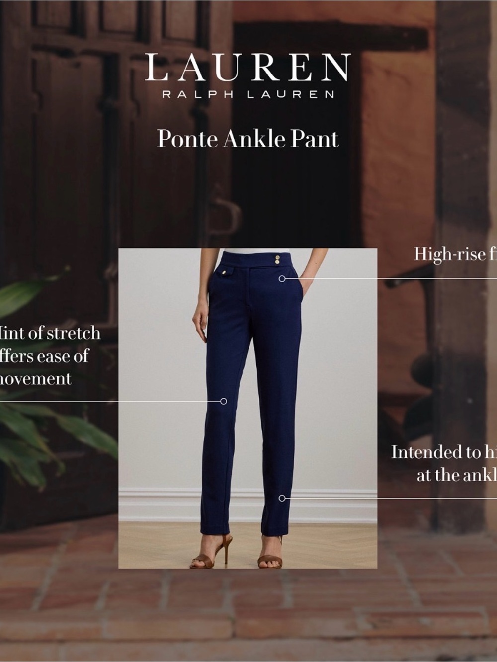 Lauren Ralph Lauren Women’s Navy Ponte High-Rise Straight Ankle Pants Pockets L - Picture 2 of 10